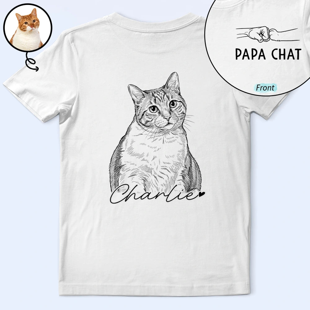 Custom Photo,Art Design,French,Cat Dad,Pet Lovers,Gift For Father,Non-Eng,Adorable,Photo - Pencil Sketch - Remove BG - Photo Personnalisée Croquis Au Crayon Photo Personnalisée Croquis Au Crayon Papa Chat Papa Chien Mama Chat Mama Chien - T-Shirt Personnalisé