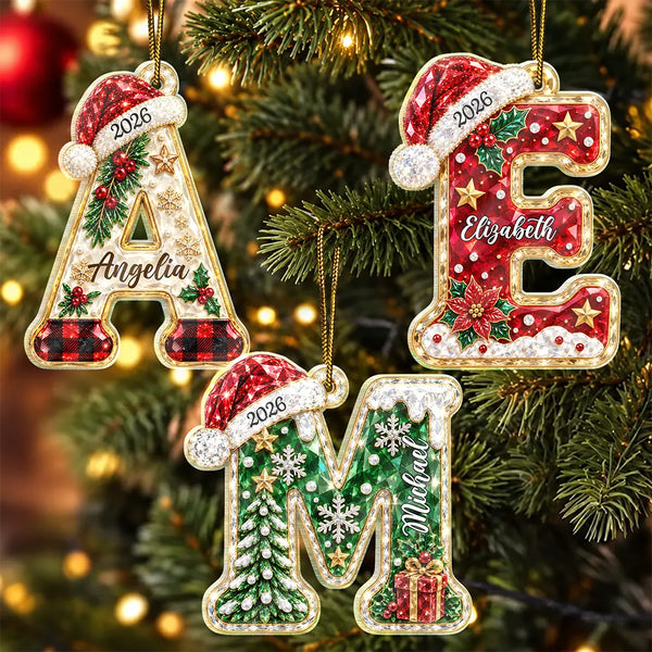 Christmas,Custom Text,Family,Sentimental - Gift For Family - Personalized Name Christmas Santa Hat Initial Letter Faux Crystal Effect Acrylic Ornament