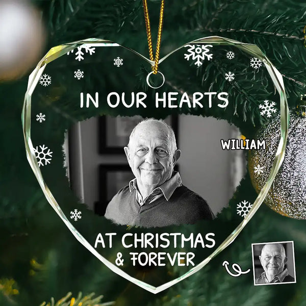 Christmas, Custom Photo, Memorial, Sad, Family - Custom Photo In Our Heart At Christmas & Forever - Personalized Heart Shaped Glass Ornament