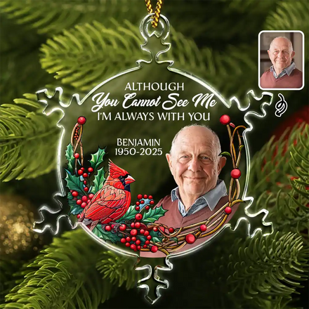 Custom Photo I'm Always With You Memorial - Personalized Snowflakes Shaped Glass Ornament