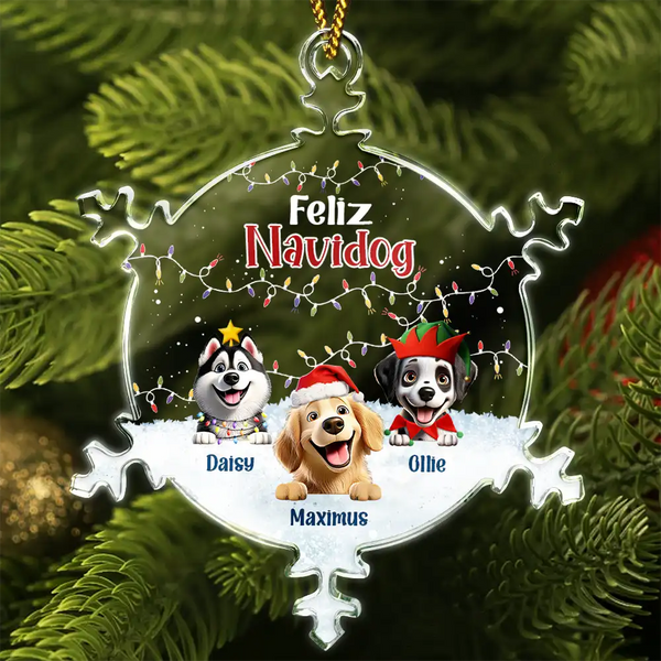 Dog Lovers,Christmas,Funny - Feliz Navidog - Personalized Snowflakes Shaped Glass Ornament