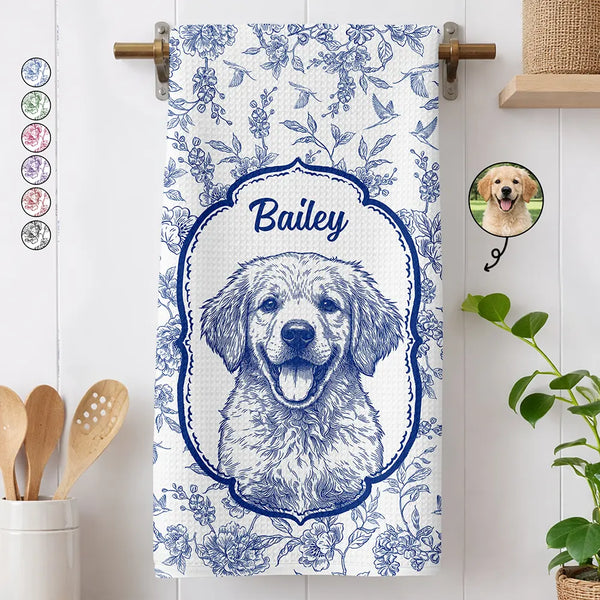 Happy, Dog Lovers, Pet Lovers, Cat Lovers - Custom Photo Pencil Sketch Dog Cat Pet Portrait Toile - Personalized Kitchen Towel