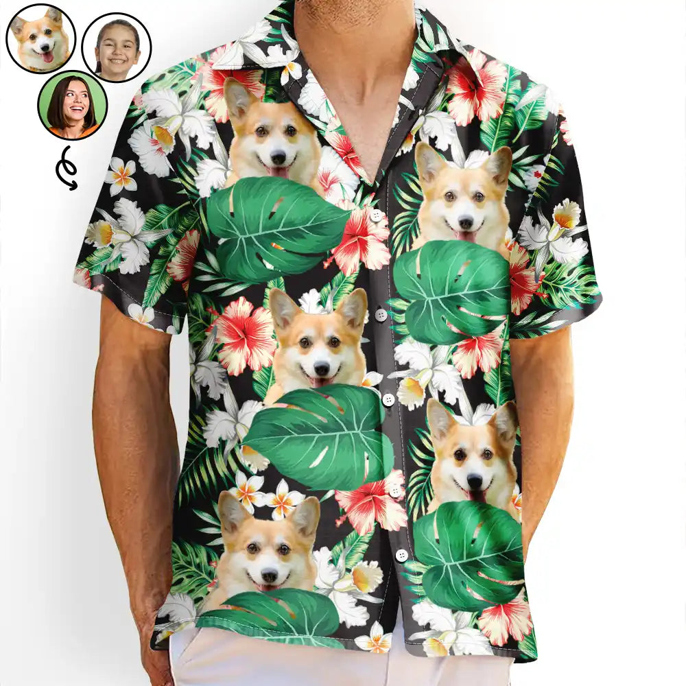 Custom Photo Black Tropical Funny Family Pet Face - Gift For Men, Best Friends, Siblings, Dog And Cat Lovers - Personalized Custom Hawaiian Shirt