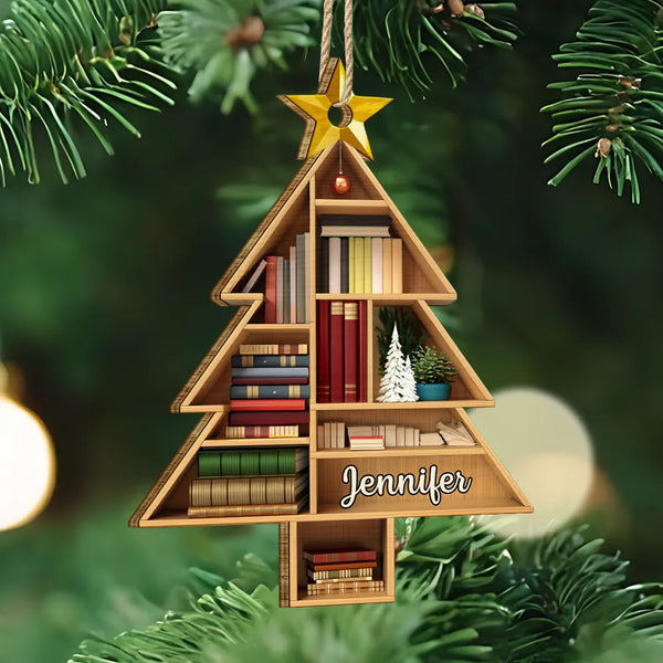 Reading, Gift For Yourself - Reading Bookshelves Christmas Tree Shape - Personalized Custom Shaped Wooden Ornament