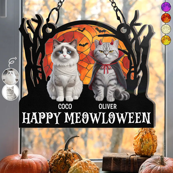 Art Design,Playful,Halloween,Pet Lovers,Photo - Halloween Theme Accessories 3D Cartoon - Custom Photo 3D Halloween Themed Pet Happy Meowloween - Personalized Window Hanging Suncatcher Ornament