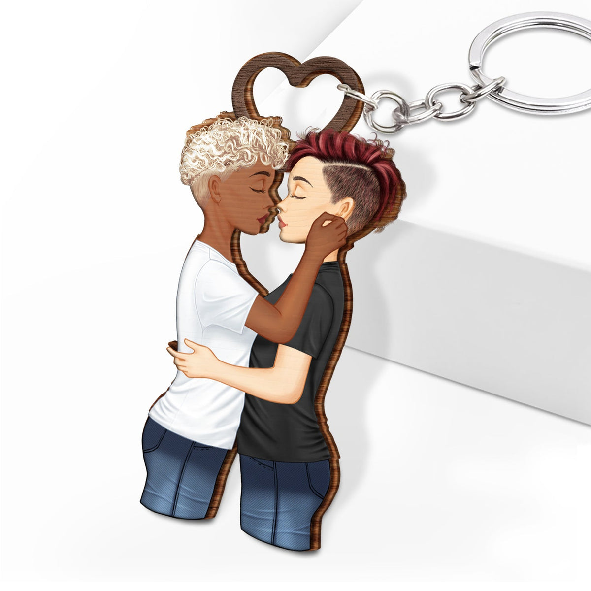 Couple Side View We're A Team - Gift For Couples - Personalized Cutout Wooden Keychain 2 Sides