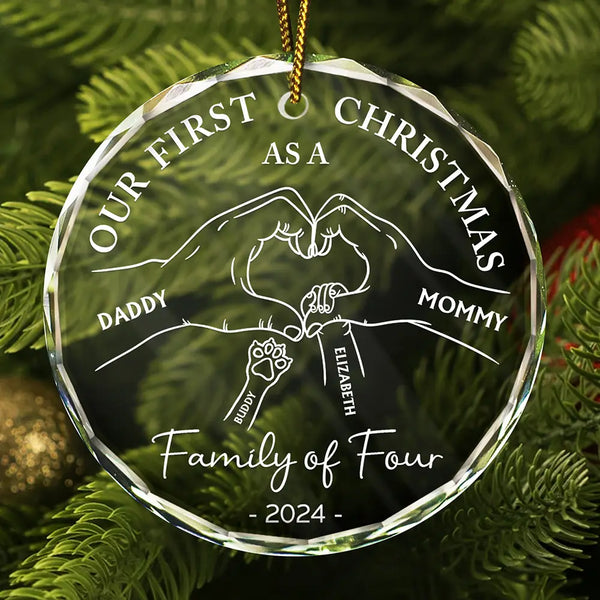 Family - First Christmas As A Family Of Four Holding Hands - Personalized Circle Glass Ornament