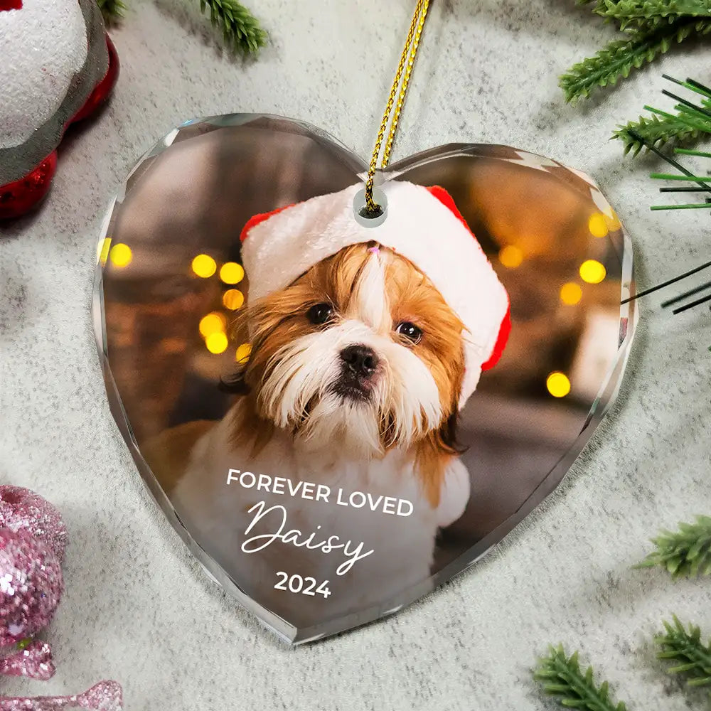 Memorial, Pet Lovers, Cat Lovers, Dog Lovers - Custom Photo Forever Loved Memorial Dog Cat Pet - Personalized Glass Ornament