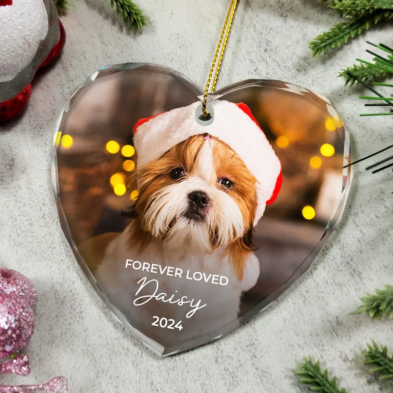 Memorial, Pet Lovers, Cat Lovers, Dog Lovers - Custom Photo Forever Loved Memorial Dog Cat Pet - Personalized Glass Ornament