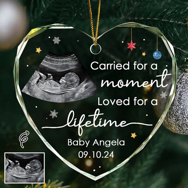 Family, Parents, Memorial, New baby - Custom Photo Carried For A Moment Infant Loss Baby Memorial - Personalized Heart Shaped Glass Ornament