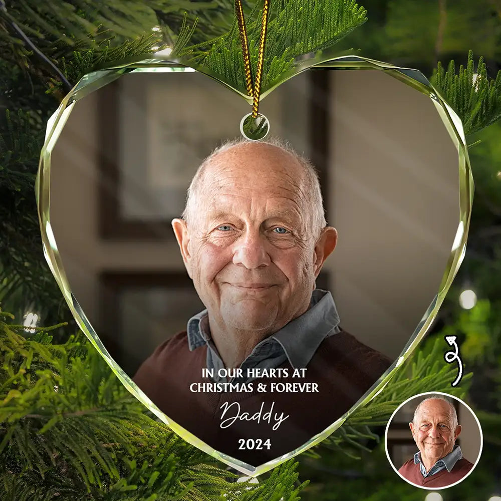 Family,Parents,Gift For Grandparents,Gift For Sibling - Custom Photo Memorial In Our Hearts At Christmas And Forever - Personalized Glass Ornament