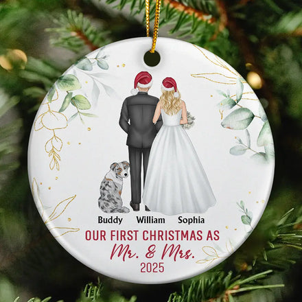 Our First Christmas As Mr & Mrs Wedding Couple Pet - Personalized Circle Ceramic Ornament