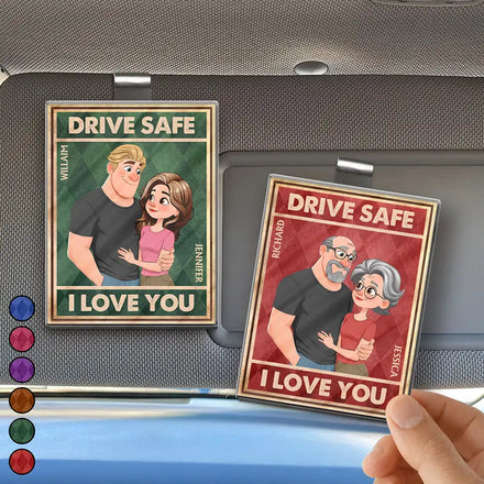 Drive Safe I Love You Vintage Animate Couple - Personalized Custom Shaped Acrylic Car Visor Clip