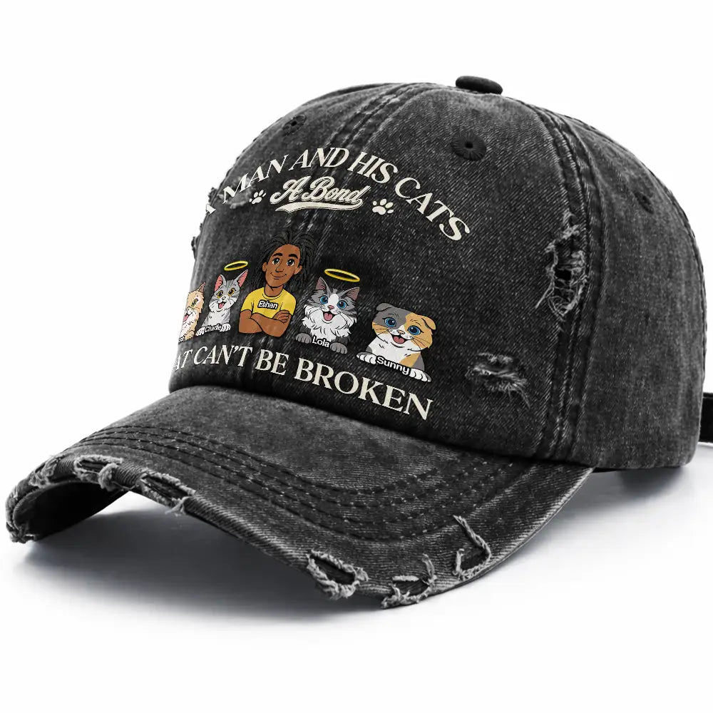 Gift For Men,Gift For Women,Pet Lovers,Dog Mom,Dog Dad,Dog Lovers,Cat Dad,Cat Lovers,Cat Mom,Non-Eng,Vector,Playful - Man And His Dogs Cats A Bond That Can't Be Broken - Personalized Distressed Cap