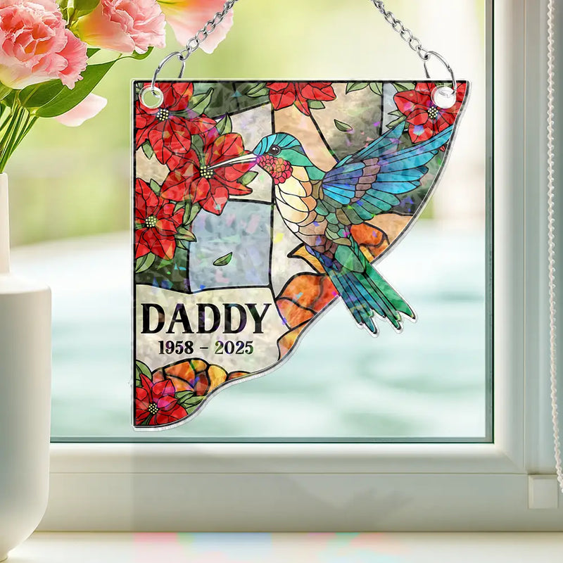 Sad, Memorial, Family, Parents, Gift For Grandparents, Gift For Sibling - Memorial Bird Family Dad Mom - Personalized Window Corner Suncatcher