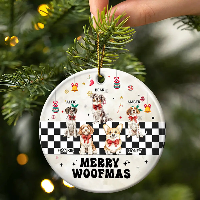 Funny, Christmas, Dog Lovers - Merry Woofmas Vintage Dog - Personalized Circle Ceramic Ornament