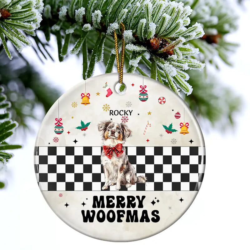 Funny, Christmas, Dog Lovers - Merry Woofmas Vintage Dog - Personalized Circle Ceramic Ornament