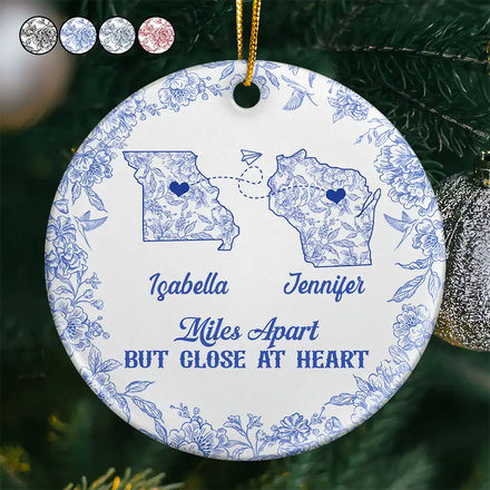 Miles Apart But Close At Heart Toile Pattern - Personalized Circle Ceramic Ornament