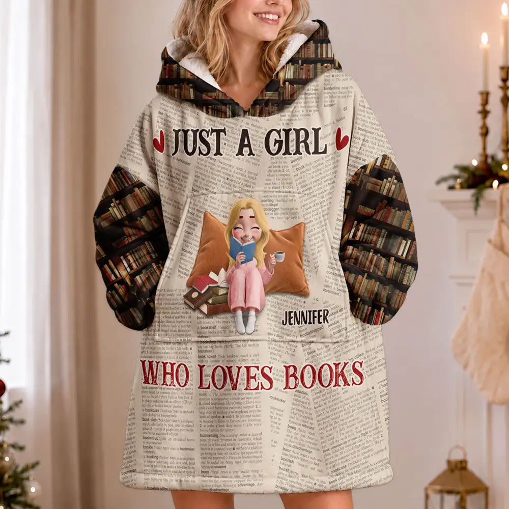 Confident,Gift For Yourself,Gifts For Her,Gifts For Him,Reading,Vector - Gifts For Book Lovers - Personalized Just A Girl Who Loves Book Oversized Blanket Hoodie