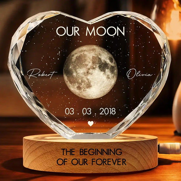 Gift For Couples,Gift For Husband,Gift For Wife,Gift For Boyfriend,Gift For Girlfriend,Parents,Gift For Mother,Gift For Father,Married ,Engaged,Love - Moon Phase The Beginning Of Our Forever - Personalized Crystal Heart Shaped Lamp