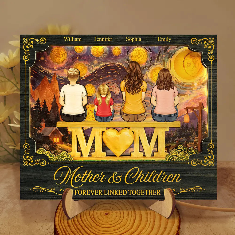 Gift For Mother,Mom - Daughters (Adult),Mom - Daughters (Young),Mom - Sons,Mom - Children,Love,Top Market,Vector - Mother & Children Forever Linked Together - Personalized LED Light Wooden Plaque