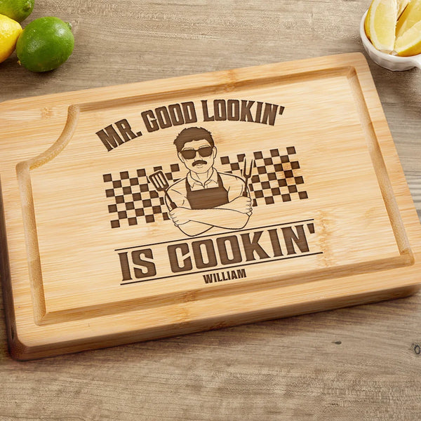 Gift For Husband, Gift For Yourself, Gift For Boyfriend, Gift For Men, Gift For Father, Dad's Hobby, Gift For Grandpa, Grandpa's Hobby, Cooking, Grilling - Mr. Good Lookin' Is Cookin' - Personalized Wooden Cutting Board