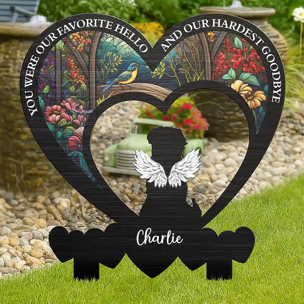 Pet Lovers, Memorial, Sad - My Favorite Hello And Hardest Goodbye - Personalized Metal Garden Stake
