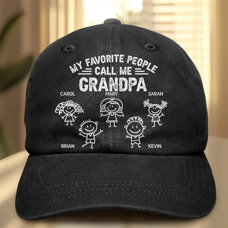 Gift For Grandpa, Gift For Grandparents, Gift For Father, Happy - My Favorite People Call Me Papa Kid Stick Figures - Personalized Vintage Washed Denim Cap