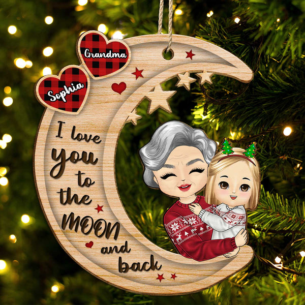 Grandparents Hug Grandkids Sitting On Moon - Christmas Gift For Granddaughter, Grandson - Personalized Wooden Cutout Ornament