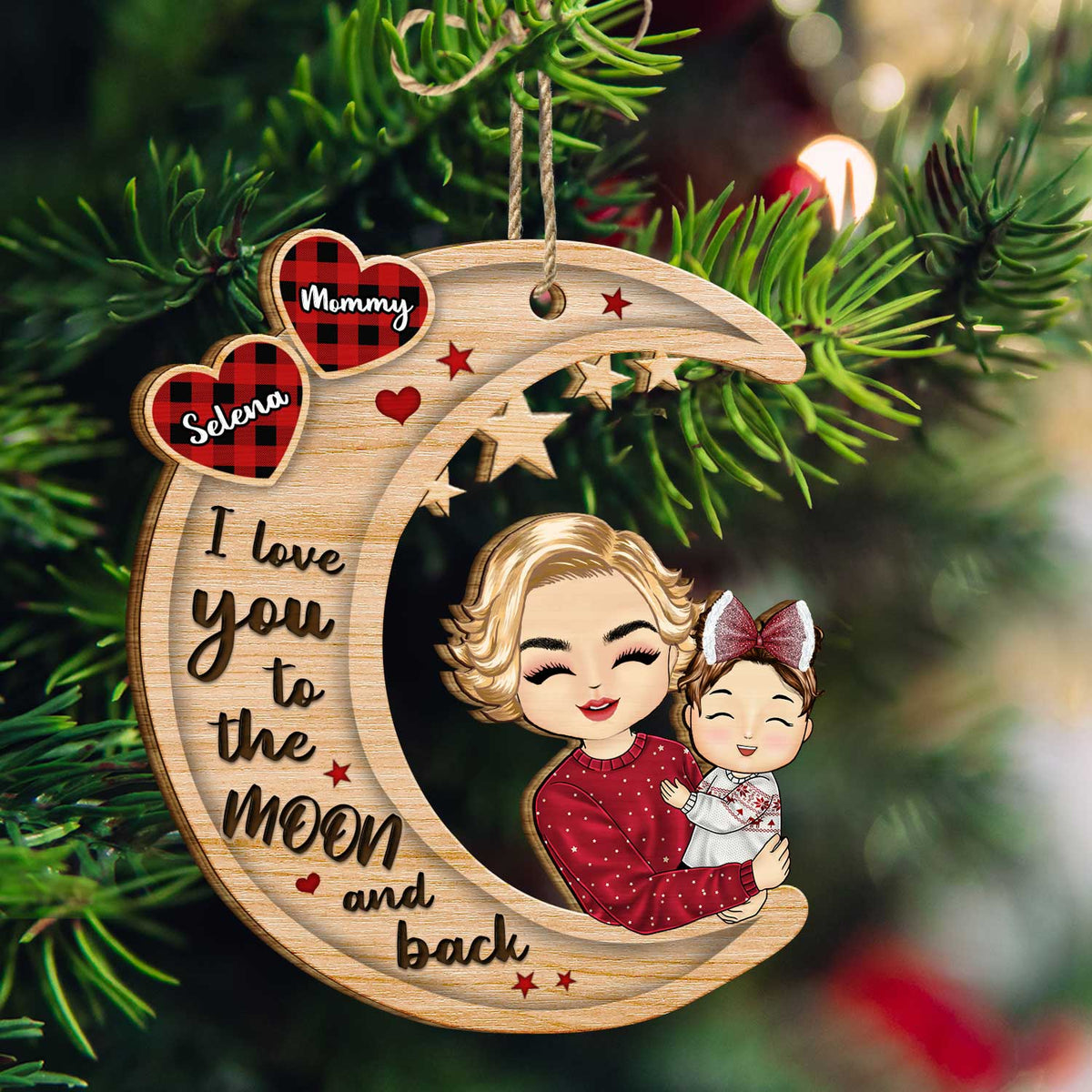 Grandparents Hug Grandkids Sitting On Moon - Christmas Gift For Granddaughter, Grandson - Personalized Wooden Cutout Ornament