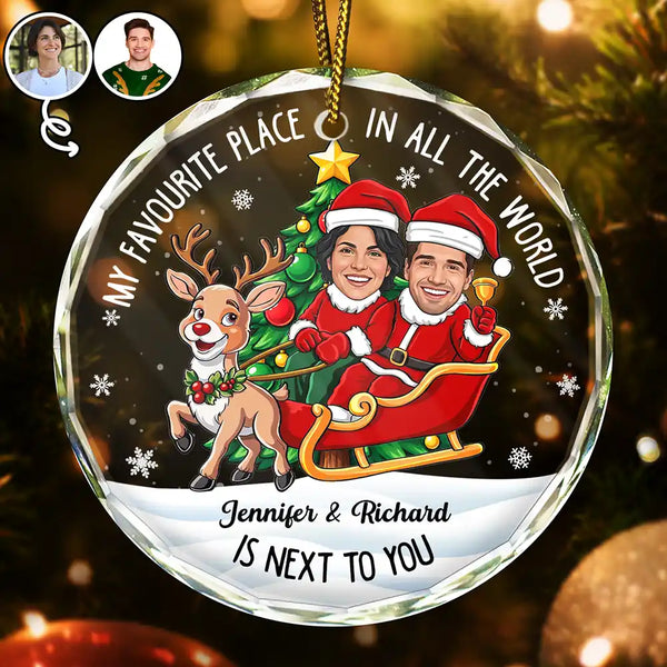 Art Design,Christmas,Custom Photo,Gift For Couples,Humorous,Old Couples,Photo - Christmas Character Cosplay Couple - Funny Christmas Gift For Couples - Personalized Custom Photo My Favorite Place In All The World Circle Glass Ornament