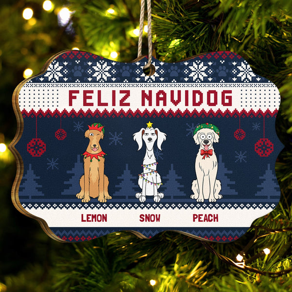 Feliz Navidog Merry Woofmas Funny Cartoon Dogs - Christmas Gift For Dog Lovers - Personalized Medallion Wooden Ornament