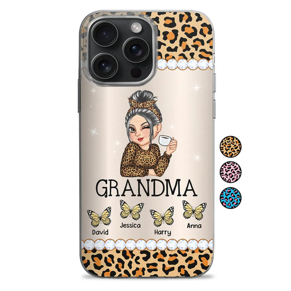 Mom Grandma Kids Butterflies Leopard Pattern - Personalized Clear Phone Case