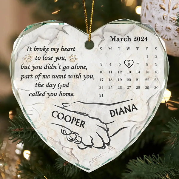 Continue Shopping,Christmas,Memorial,Pet Lovers,Dog Lovers,Sad - Dog Memorial It Broke My Heart To Lose You Calendar - Personalized Heart Shaped Glass Ornament