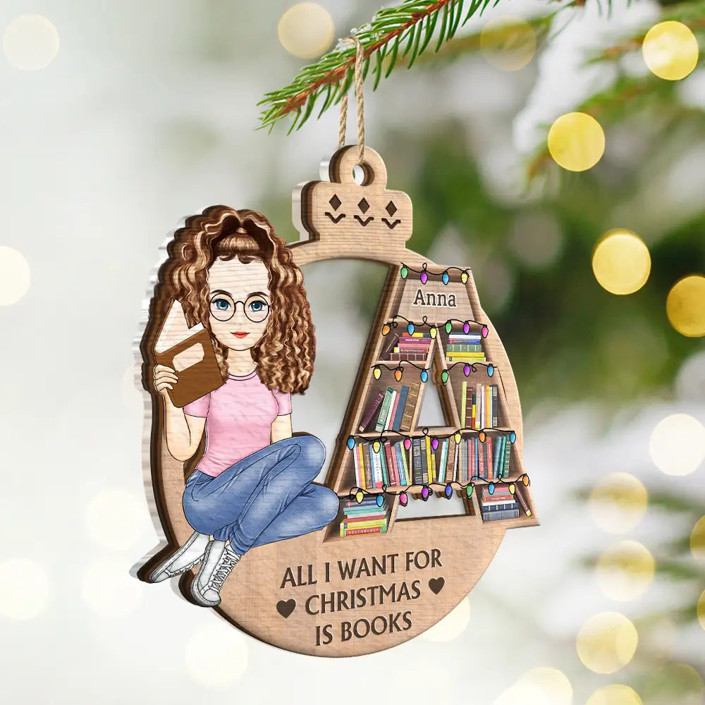 Reading, Gift For Yourself, Gift For Women, Gift For Men - Christmas Monogram Bookshelf Reading Lovers - Personalized 2-Layered Mix Ornament