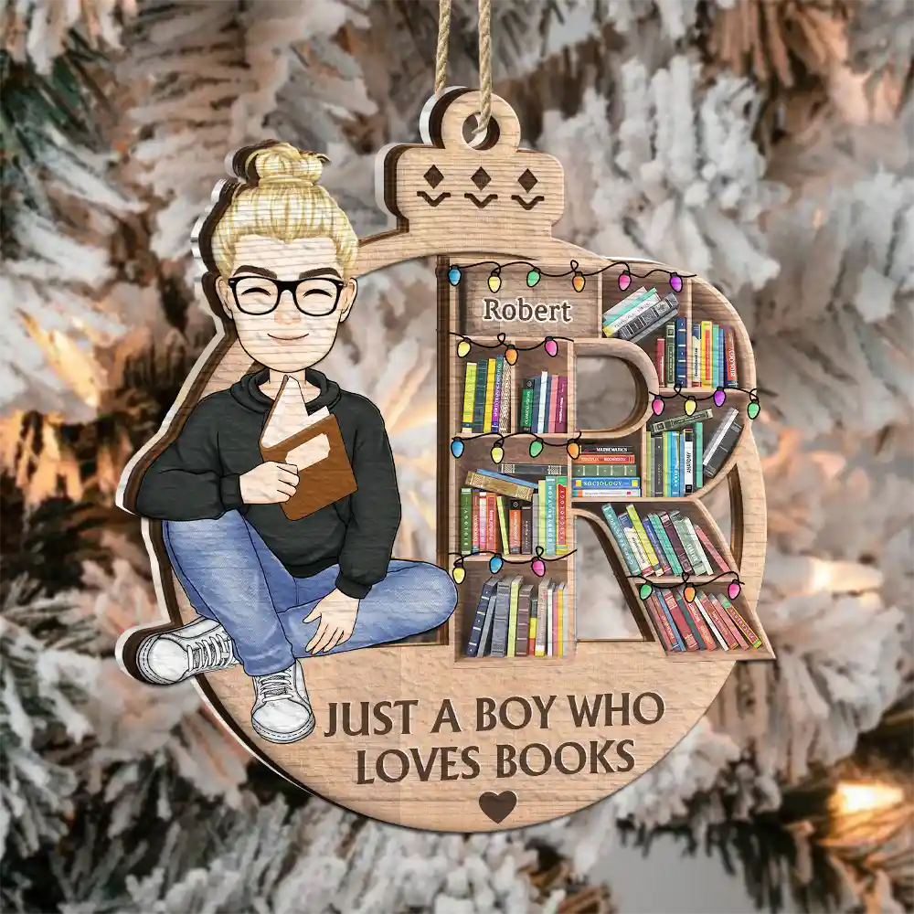 Reading, Gift For Yourself, Gift For Women, Gift For Men - Christmas Monogram Bookshelf Reading Lovers - Personalized 2-Layered Mix Ornament