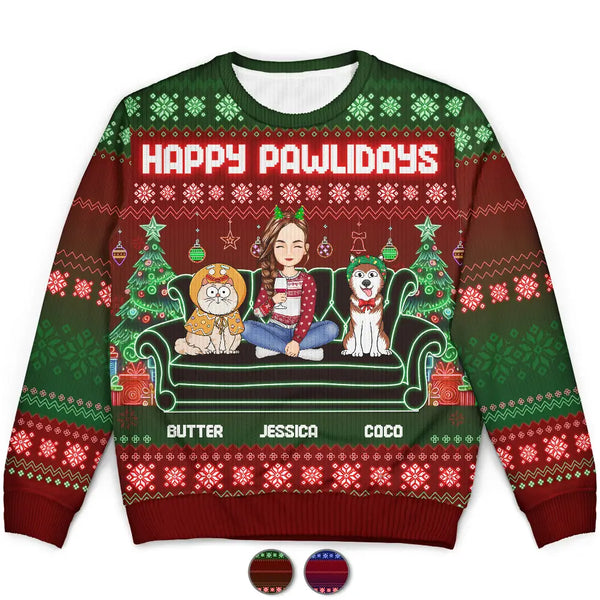 Christmas,Pet Lovers,Dog Lovers,Cat Lovers,Gift For Yourself,Happy - Happy Pawlidays Cartoon Dogs Cats Neon Christmas Light Style - Personalized Unisex Ugly Sweater