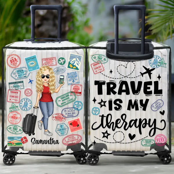 Travel, Gift For Yourself, Gift For Women, Gift For Men - Travel Is My Therapy - Personalized Clear Luggage Cover