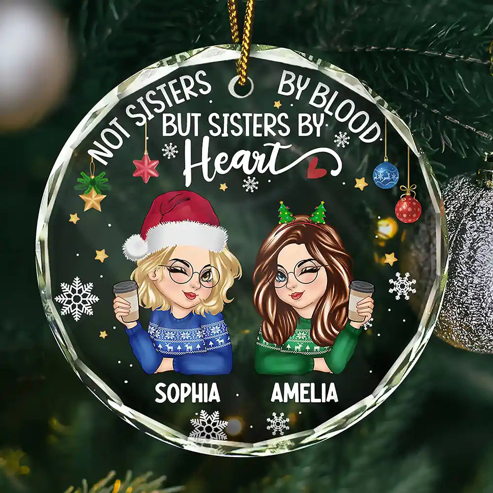 Gift For Bestie, Gifts For Colleagues Sisters By Heart Christmas Besties - Personalized Circle Glass Ornament