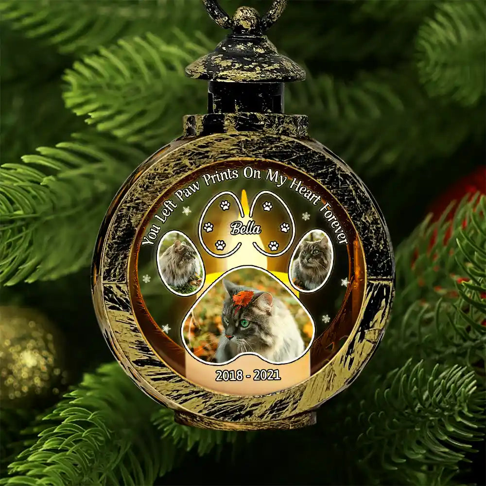 Memorial, Pet Lovers, Dog Lovers, Cat - Custom Photo Pawprint Your Light Will Always Shine In Our Hearts - Personalized Candlelight Lantern Ornament