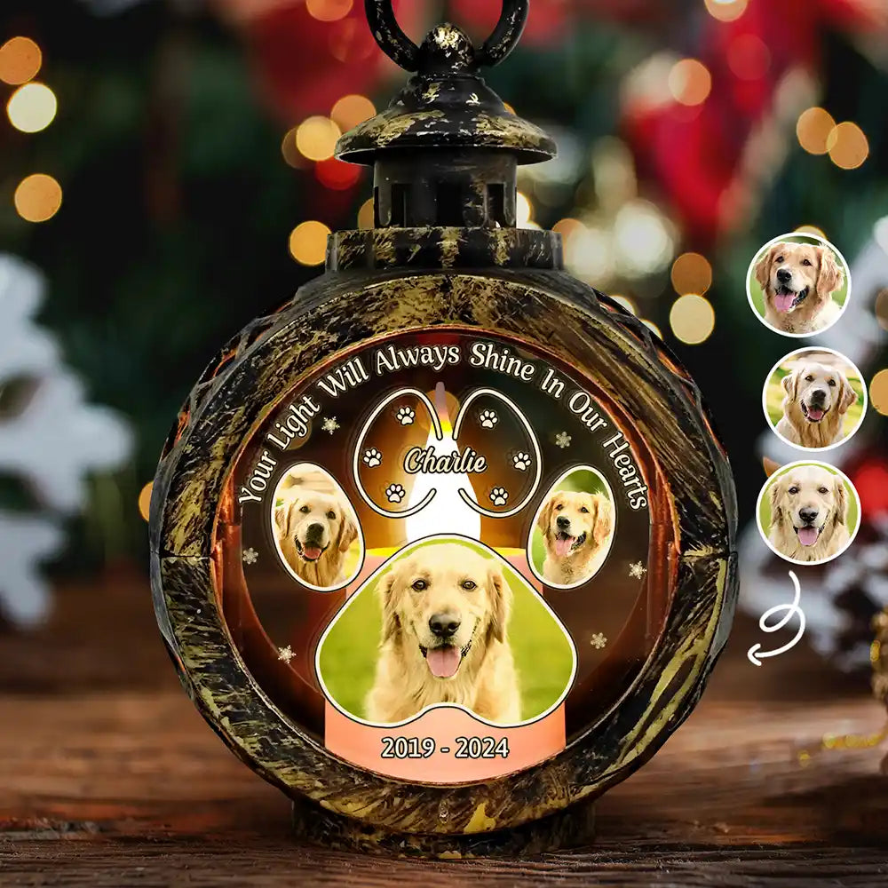 Memorial, Pet Lovers, Dog Lovers, Cat - Custom Photo Pawprint Your Light Will Always Shine In Our Hearts - Personalized Candlelight Lantern Ornament