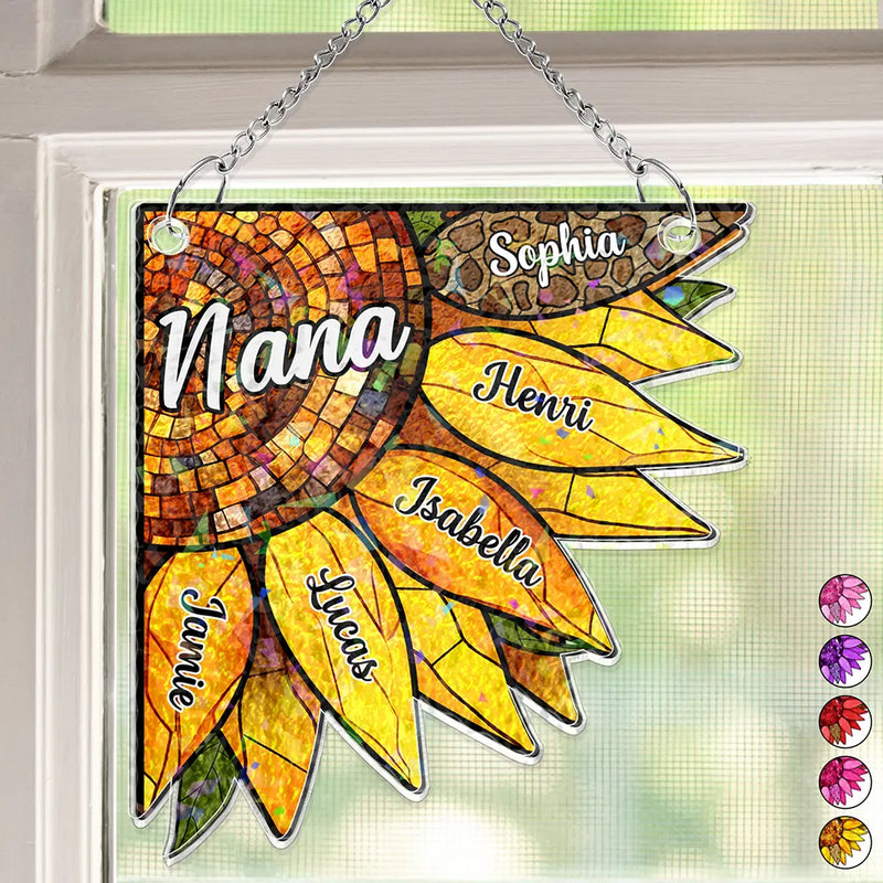 Happy, Gift For Grandma, Gift For Mother, Gift For Wife, Gift For Women, Gift For Yourself - Nana Auntie Mom Family Sunflower - Personalized Window Corner Suncatcher