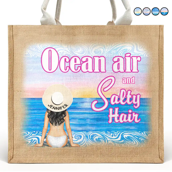 Gift For Women, Gift For Yourself, Beach, Travel, Happy - Ocean Air And Salty Hair - Personalized Jute Beach Bag