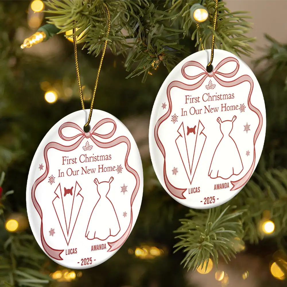 Christmas, Gift For Couples, Gift For Husband, Gift For Wife, Married, Engaged, Love - Our First Christmas Toile De Jouy - Personalized Circle Ceramic Ornament