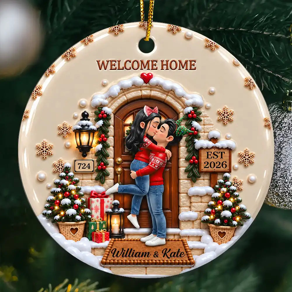 Christmas,Romantic,Gift For Couples,Vector - Our First Home - Personalized 3D Embossed Circle Ceramic Ornament