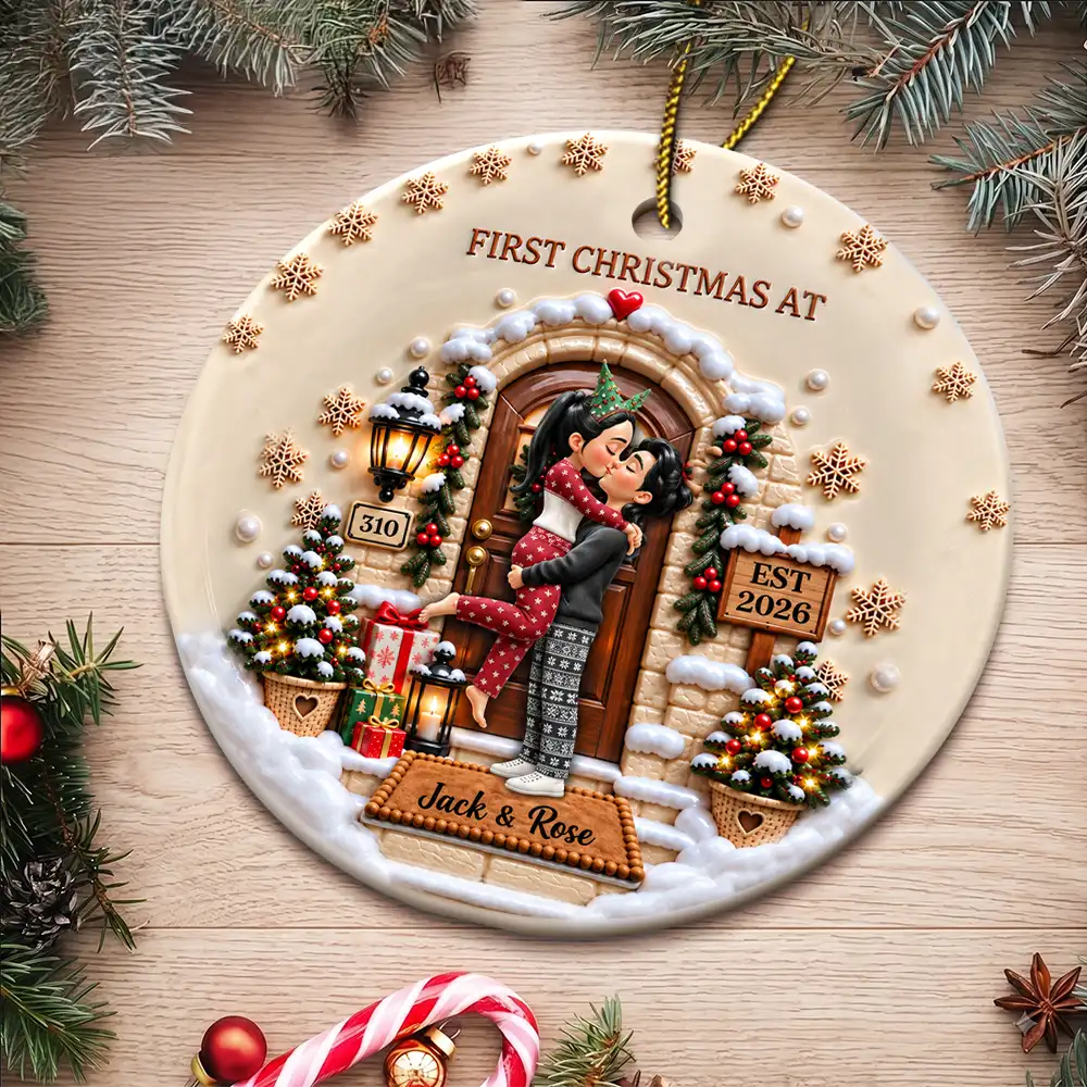 Christmas,Romantic,Gift For Couples,Vector - Our First Home - Personalized 3D Embossed Circle Ceramic Ornament