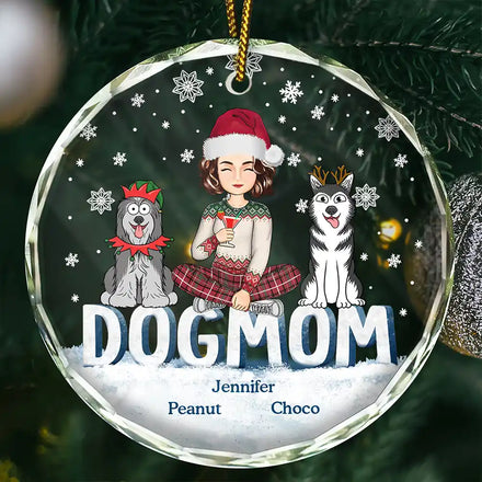 Christmas Dog Mom Cartoon Style - Personalized Circle Glass Ornament