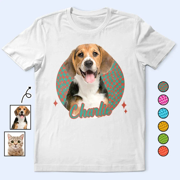 Custom Photo,Pet Lovers,Dog Lovers,Cat Lovers,Happy - Custom Photo Dog Cat Pet Retro Groovy Pattern - Personalized T Shirt