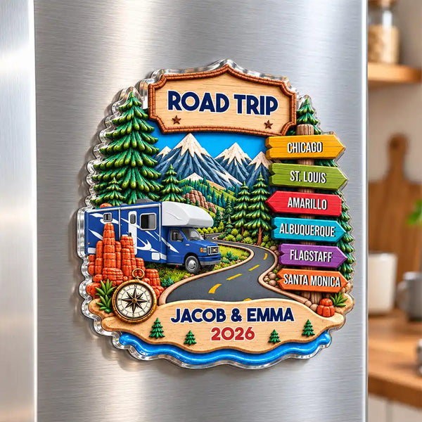 Christmas,Gift For Couples,Happy,Old Couples,Travel,Vector - Road Trip Travel Gift For Couples, Family, Friends - Personalized Destination Acrylic Magnet