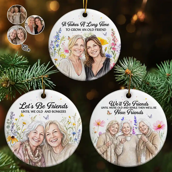 Afro Besties,Art Design,Christmas,Custom Photo,Gift For Bestie,Humorous,Photo - Vivid Watercolor Art - Christmas Gift For Life Long Best Friend - Personalized Custom Photo Watercolor Floral Circle Ceramic Ornament